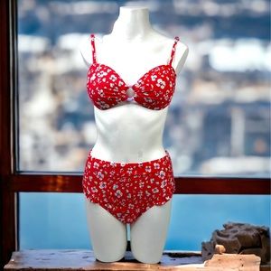 Xhileration 2pc Red Floral Swimsuit with Ruffle Sz Large
